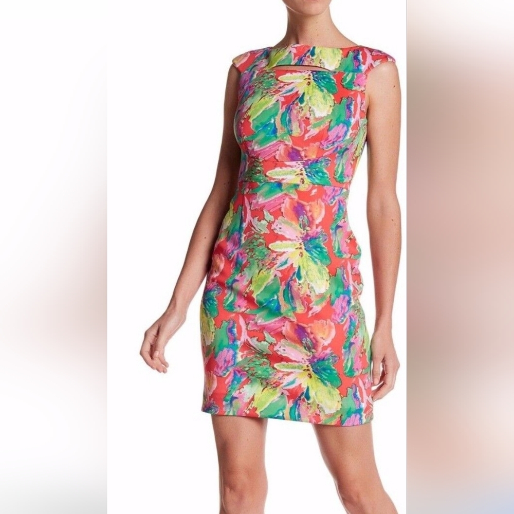 Tahari Arthur S. Levine Cut Out Sheath Dress Coral and Floral Size 10 Petite